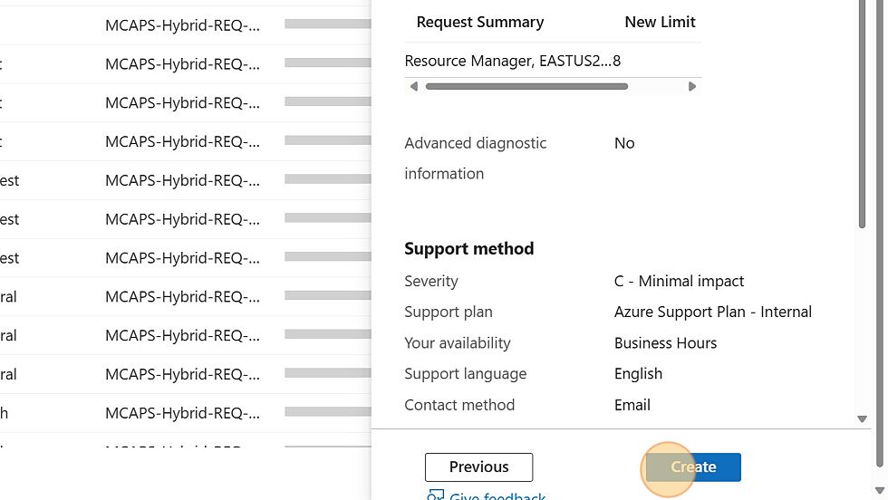 Screenshot of: Click "Create" to create the support ticket.