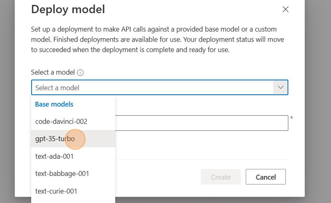 Screenshot of: Select the model to use. For our chatbot, we will choose the "gpt-35-turbo" model. Other models may be available to you.
