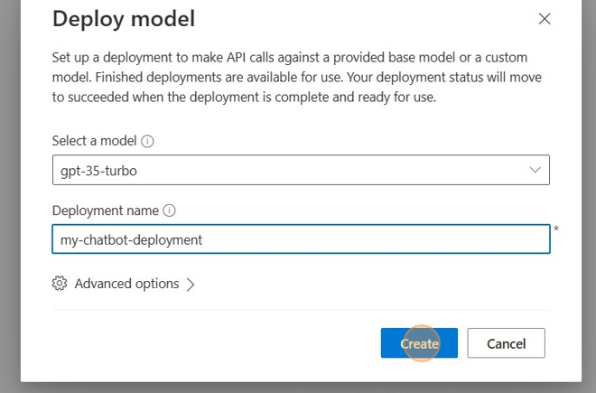 Screenshot of: Give the deployment a name, then click the "Create" button.