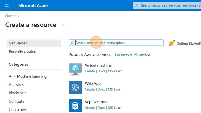Screenshot of: Click the "Search services and marketplace" search box.