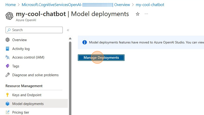 Screenshot of: Click the "Manage Deployments" button.