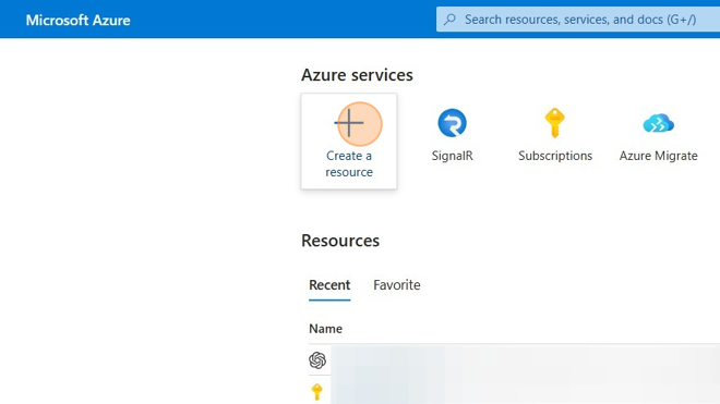 Screenshot of: Click "Create a resource" on the Azure dashboard.