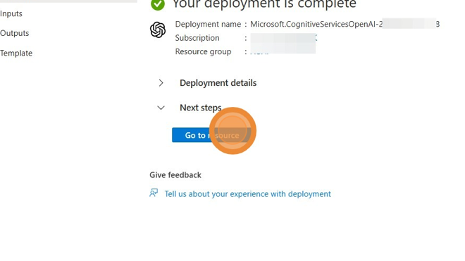 Screenshot of: The deployment will take a little while to complete. If it is successful, the "Go to resource" button will appear. Click the button.