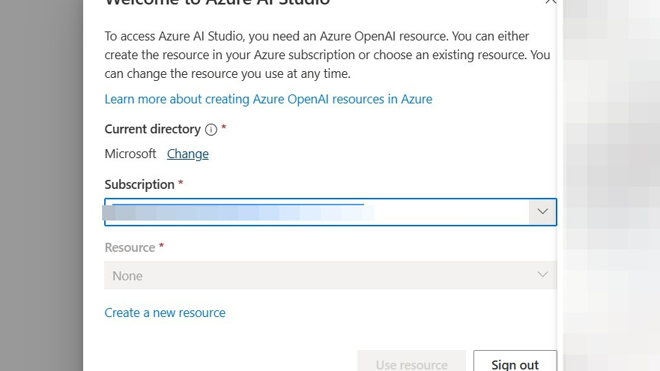 Screenshot of: You will be redirected to Azure OpenAI Studio. When you get there, you may be prompted to select the Azure Active Directory and Subscription that your resource was created in. If so, set them appropriately. You will then be able to select the resource that you created in the previous steps.