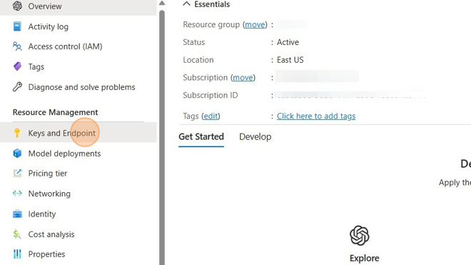Screenshot of: Click "Keys and Endpoint."