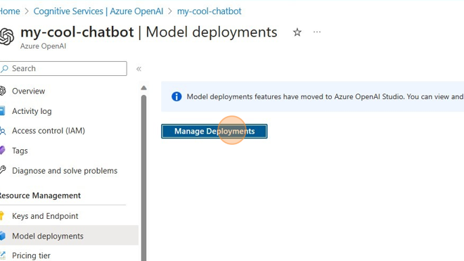 Screenshot of: Click the "Manage Deployments" button to go to Azure OpenAI Studio.