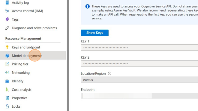 Screenshot of: Switch back to your Azure Open AI Service tab, and click "Model Deployments."