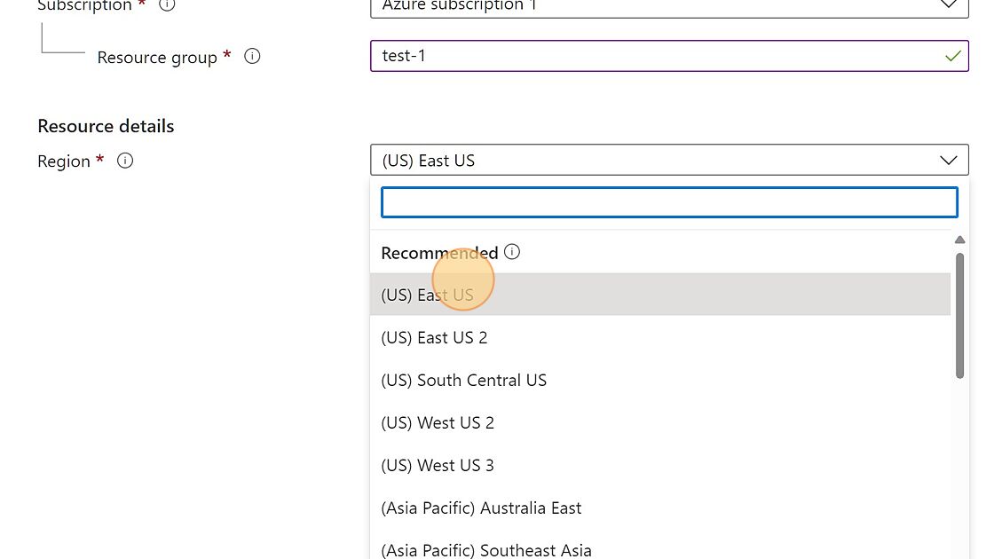 Screenshot of: Select the Region
