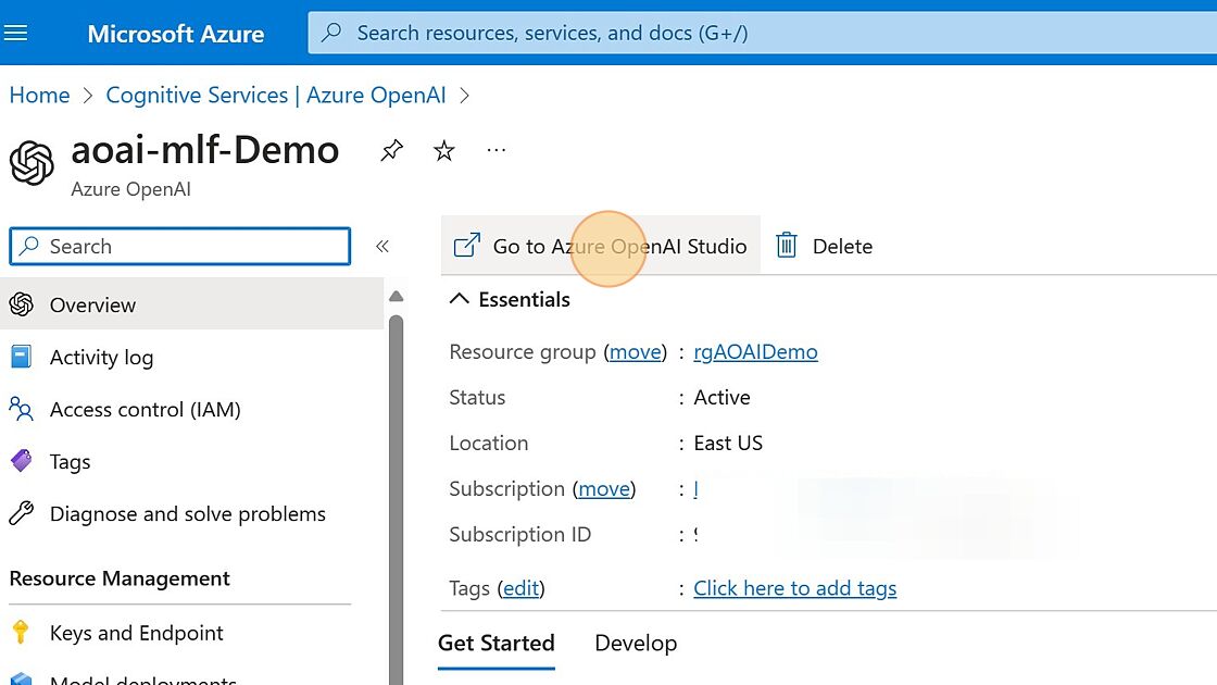 Screenshot of: Click "Go to Azure OpenAI Studio".