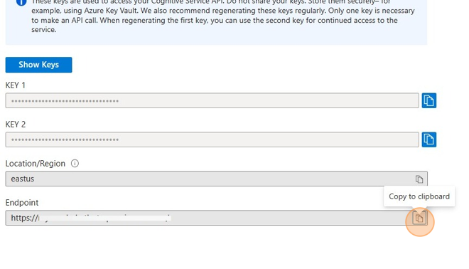 Screenshot of: Switch back to your Azure Open AI Service "Keys and Endpoints" tab.  Click the "copy to clipboard" button for Endpoint.