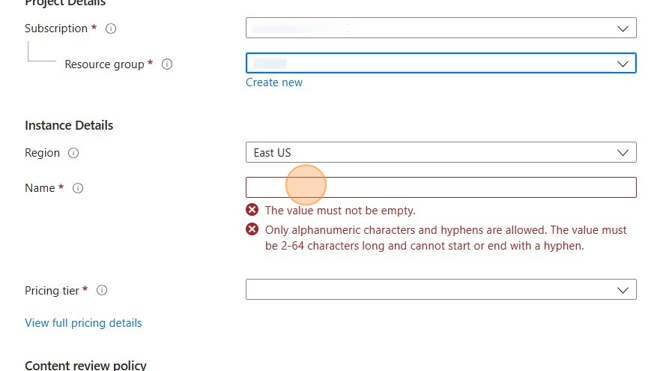 Screenshot of: Enter a name for your Azure OpenAI instance per the instructions shown.