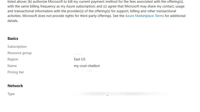 Screenshot of: Review the terms and configuration and click the "Create" button.