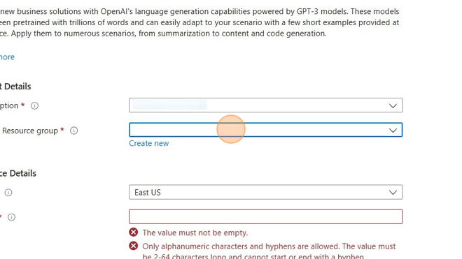 Screenshot of: Select a subscription, and select an existing Resource Group, or click "Create new" to create a new resource group.