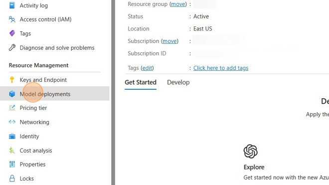 Screenshot of: From the Azure OpenAI Service resource view, click "Model deployments" under the "Resource Management" group.