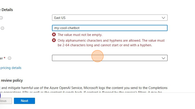 Screenshot of: Select an appropriate pricing tier. You can view full pricing details via the link under the selection.