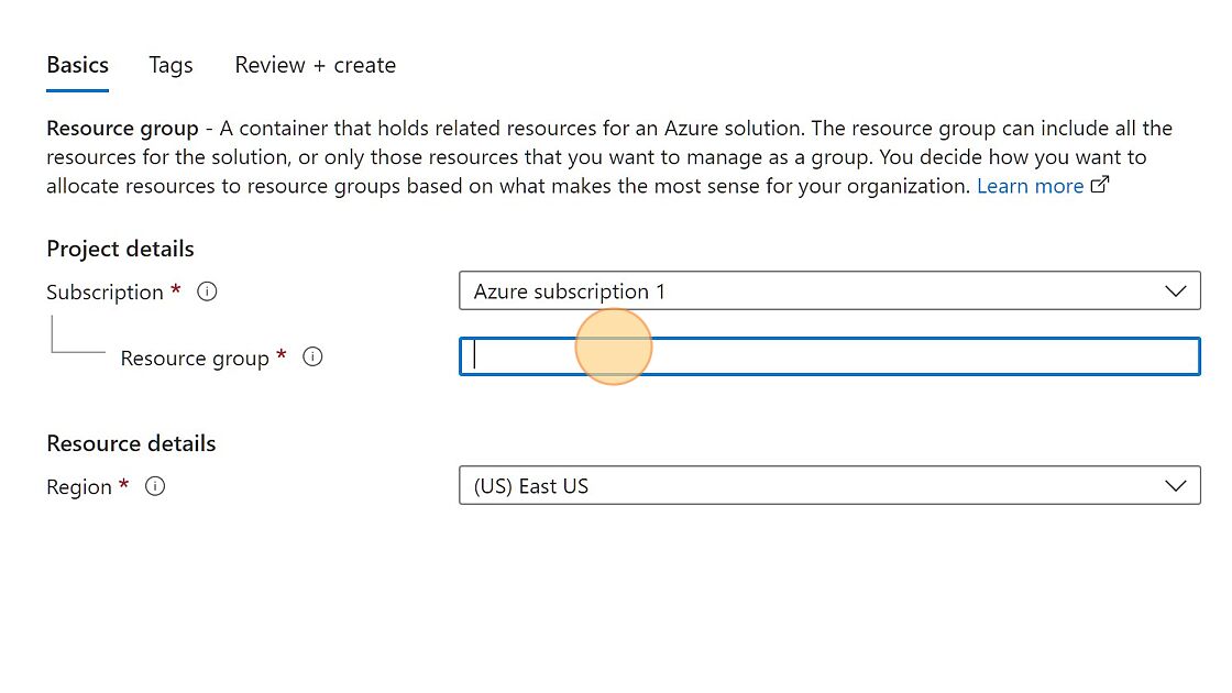 Screenshot of: Name the new Resource group