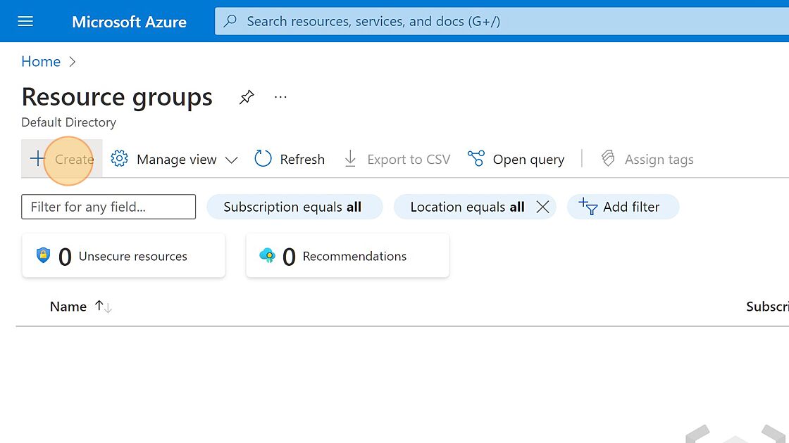 Screenshot of: Click "+ Create" to create a new Resource Group.